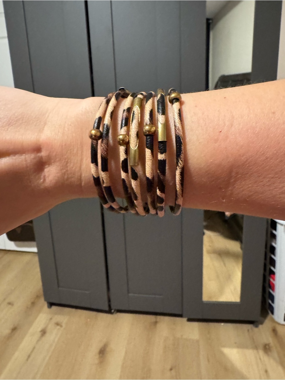 Leopard Print Multi-Wrap Leather Bracelet - Brown